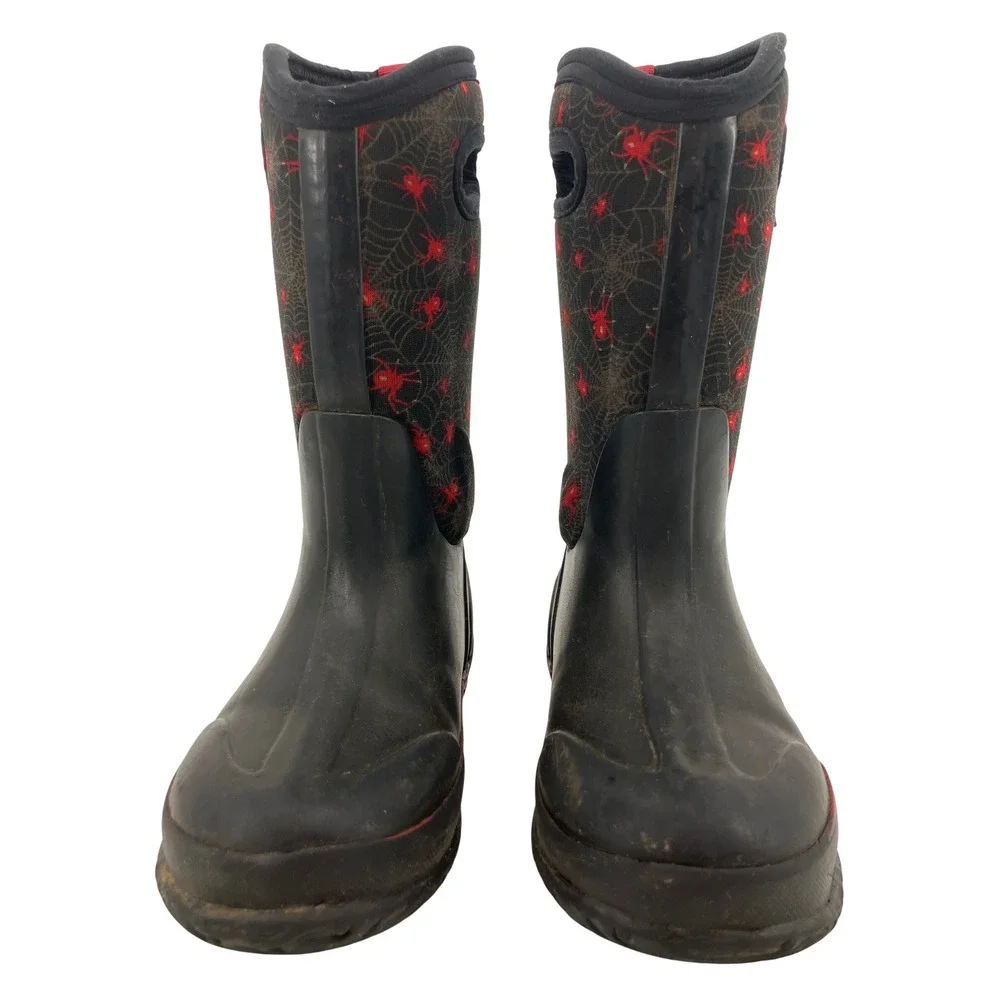 Bogs Classic Creepy Crawl Rain Boots Kids Size 13 Black Red Excellent Spider Web